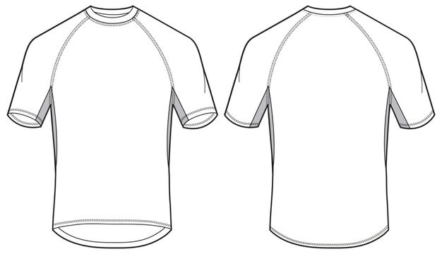 Men's Raglan sleeve Crew neck T Shirt flat sketch fashion illustration drawing template mock up with front and back view, Compression  Tight T-Shirt