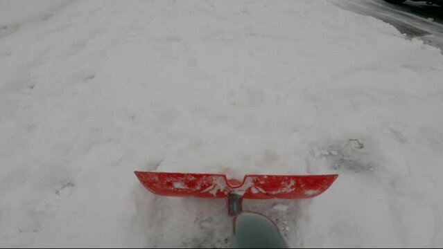 Snow Shoveling On A Driveway In Canada - First Person View, 4K