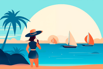 Mujer con sombrero viendo el atardecer en la playa con un velero de fondo