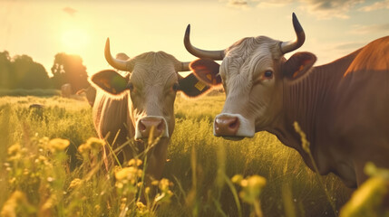 Close-up of a herd of bulls feeding on a green field in the morning