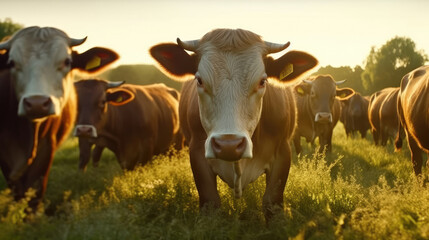 Naklejka na ściany i meble Close-up of a herd of bulls feeding on a green field in the morning