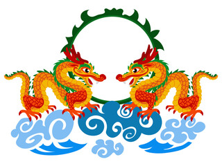 Obraz premium A vivid concept of a Japanese fantasy festival dragon. Two dragons on clouds with a frame. Cartoon dragons in juicy colors for a holiday on a white background. Oriental theme of the holiday