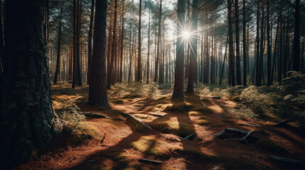Obraz premium Sun shining through pine trees.