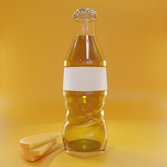 Orange fruit-flavored carbonated soft drinks in glass bottle on yellow background - 3D render