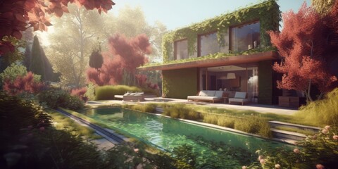 Eco Fairy Villa with Pool Amidst a Beautiful Forest, Bathed in Morning Sun and Natural Earth Tones, Embracing Modern Green Energy Charm