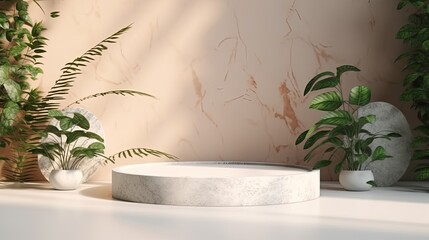 3d rendering of beige minimal product display podium with green plants