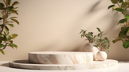 3d rendering of white marble podium in beige room with plants