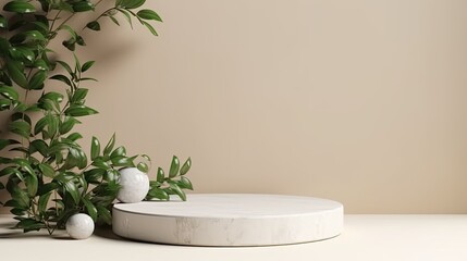 3d render of minimal product display podium with green plant. Mock up for design