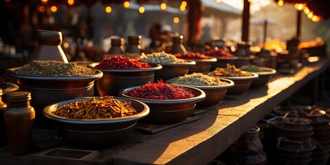 AI Generated. AI Generative. Traditional arab indian asian morocco spice products at day domestic market store shop bazzar. Healthy organic item view sell
