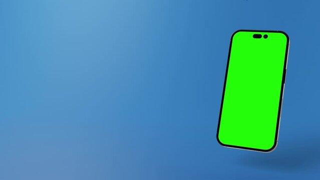 Modern smartphone with green screen for content placement like application mockups, advertising, explainer videos etc.. Blue Background.