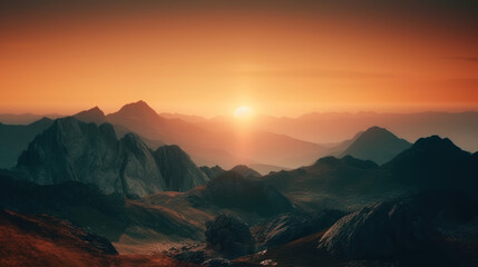 Naklejka na ściany i meble Surrealistic mountains sunset. Unusual landscape. Copy space abstract background.