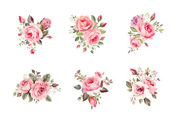 Set of floral branch. Flower pink rose, green leaves. Wedding concept with flowers. Floral poster, invite. Vector arrangements for greeting card or invitation design