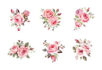 Glasschilderij Bloemen Set of floral branch. Flower pink rose, green leaves. Wedding concept with flowers. Floral poster, invite. Vector arrangements for greeting card or invitation design