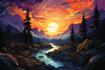 vector flat color cartoon illustration of Milky Way paradise, Nature's beauty enhanced by the enchanting Milky Way backdrop