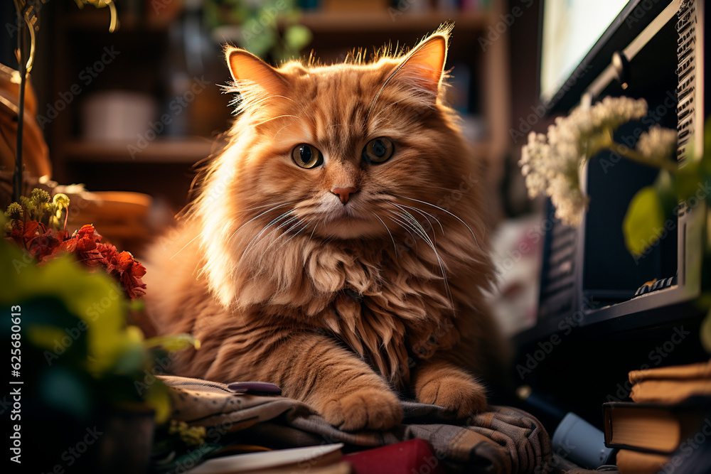 Poster cat with a laptop on a table in a dark room,generative ai