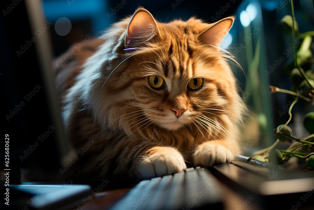 Poster cat with a laptop on a table in a dark room,generative ai