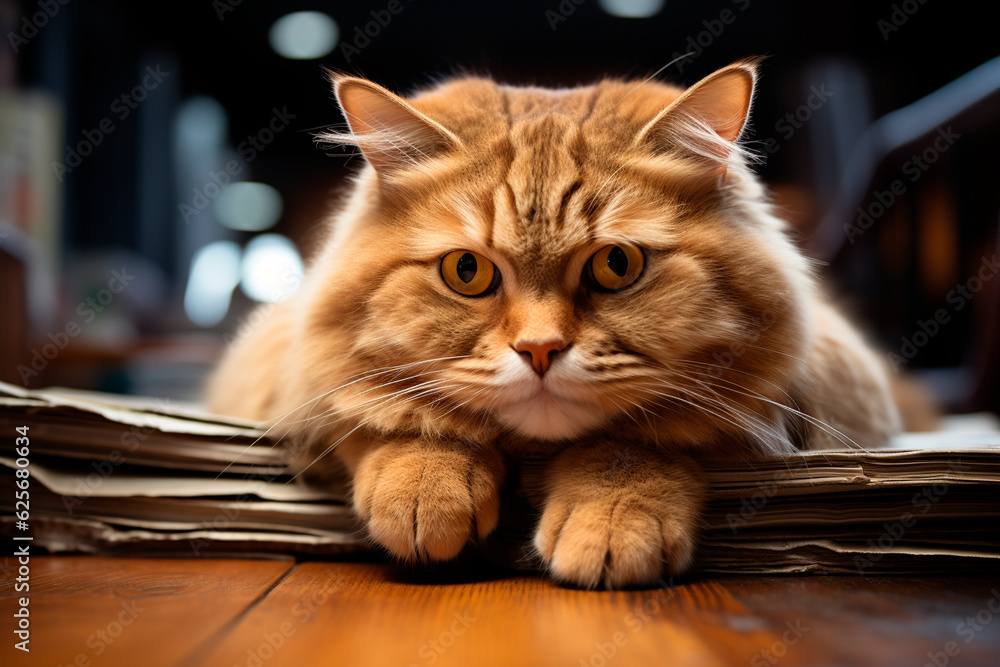 Poster cat with a laptop on a table in a dark room,generative ai