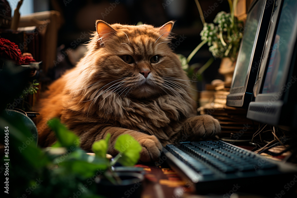 Poster cat with a laptop on a table in a dark room,generative ai
