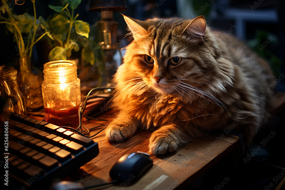 Poster cat with a laptop on a table in a dark room,generative ai