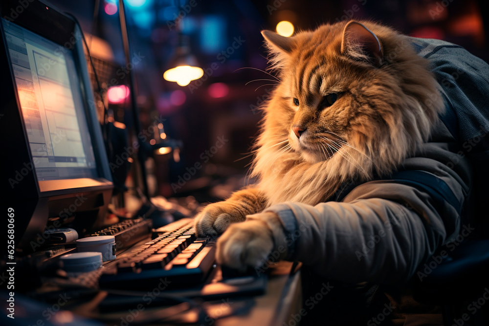 Poster cat with a laptop on a table in a dark room,generative ai