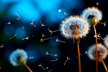 dandelion seeds on the background of blue sky,generative ai