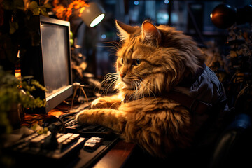 cat with a laptop on a table in a dark room,generative ai