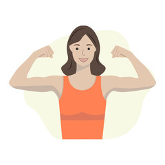 Smiling woman raising arm showing biceps, muscles concept for banner, poster, website, etc