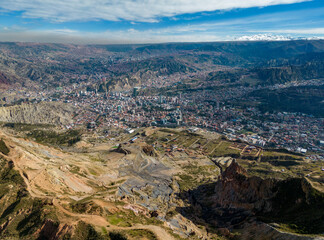 Aerial view from the impressive landmark Muela del Diablo down into the valley with the highest capital and vibrant city La Paz and El Alto, Bolivia