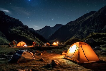 Camping tent in the night mountains nature. Generative AI.