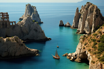 Fototapeta premium view of the sea with boat, ruins and rocks. 
