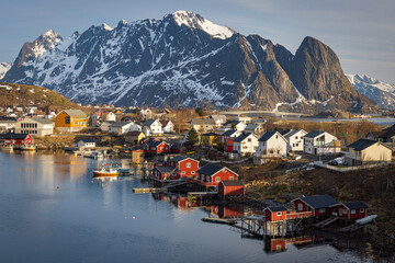 fishing village Reine on the lofoten norway in winter light - obrazy, fototapety, plakaty
