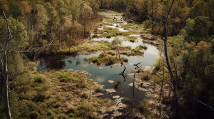 Fototapeta premium Swamp, river and trees seen from above.