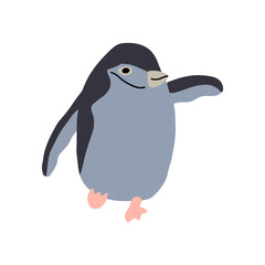 Cute little penguin walking and waving with a hand. Cartoon baby penguin character having fun in winter. Arctic animal vector illustration.
