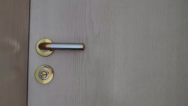 weisse Zimmert&uuml;re mit T&uuml;rklinke &ouml;ffnet schlie&szlig;t sich, Privatsph&auml;re, Karriere, Chance, Zugang, Eingang, schloss gold, silber, holz, metall, 4K, Nahaufnahme