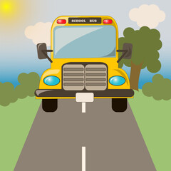 Yellow school bus rides on an asphalt road. Foreground. Green meadow and trees. Back to school. Vector landscape.