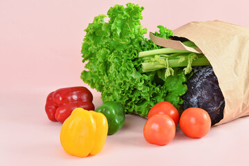 Paper bag with fresh vegetables on pink background. Grocery shopping concept