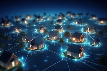 Suburban community connected with smart homes at night. Digital society grid. Future neighborhood network. Smart home small town at night. Smart city connectivity. Smart living. Generative AI