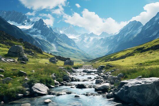 Photography of mountain landscapes with crystal clear rivers, Generative AI