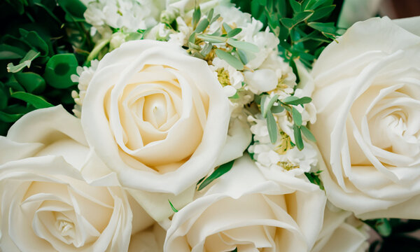wedding bouquet of white roses texture of flowers