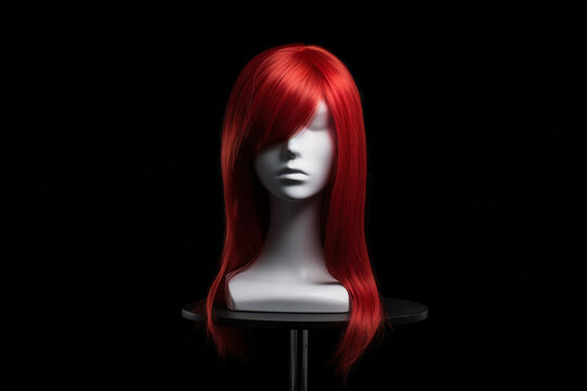 Full female red wig curly hair mannequin head, isolated, black background, created with Generative AI