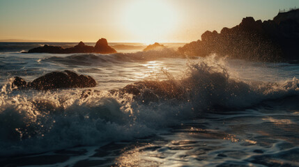 Obraz premium The soothing sound of waves crashing against the shore. The sun glints off each wave as it hits the beach.