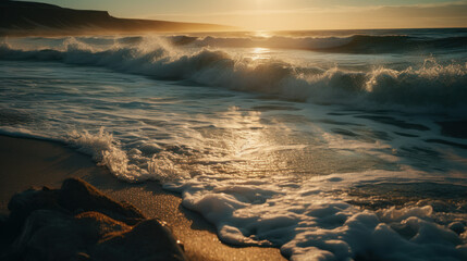 The soothing sound of waves crashing against the shore. The sun glints off each wave as it hits the beach.