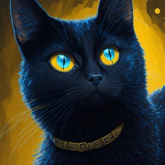 A small black cat with sparkling blue eyes and a cute face.
