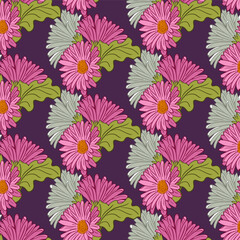 Gerberas bunch vibrant seamless pattern. Vector floral pattern on purple background. Botany elements in flat outline style. Suitable for contemporary textile, wallpaper, wrapping paper, home decor