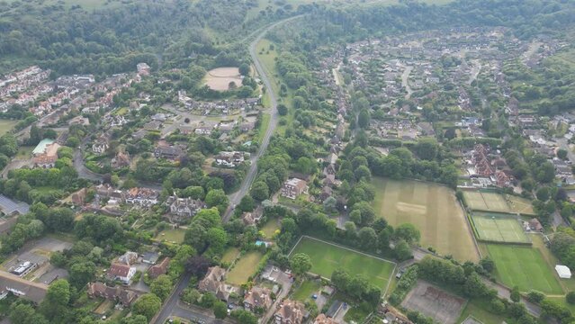 A drone video of a town in English countryside.