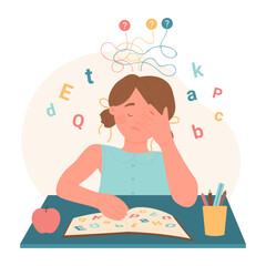 Cartoon dyslexic girl sitting at desk with cloud of letters and book to read and solve chaos puzzle of words. Dyslexia, disability disorder, problem of reading and understanding vector illustration - obrazy, fototapety, plakaty