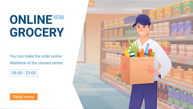 Online grocery store vector illustration. Cartoon supermarket warehouse worker, courier or storekeeper standing in aisle with market basket of food in hands, supermarket delivery landing page, banner