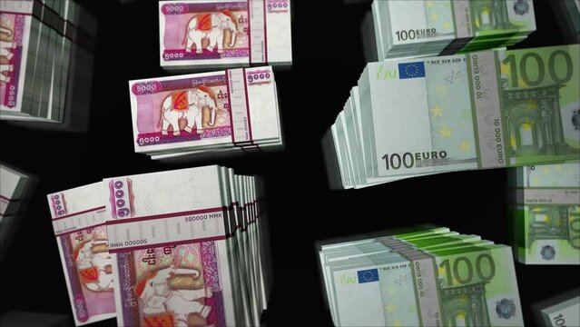 Euro and Myanmar Kyat money exchange. Paper banknotes pack bundle. Concept of trade, economy, competition, crisis, banking and finance. Notes loopable seamless 3d animation.