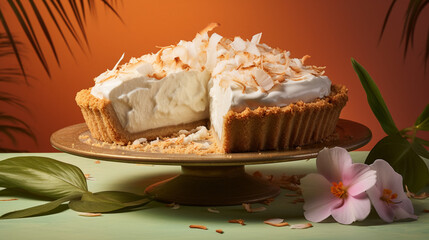 Coconut Creme Pie with Golden Baked Crust on Vintage Pastel Background with Tropical Theme and Island Style Flowers - Generative AI