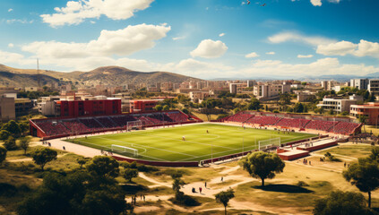 Soccer pitch with full tribunes. Spectators watch the football game on the stadium. Residential area at backdrop. Generative AI.